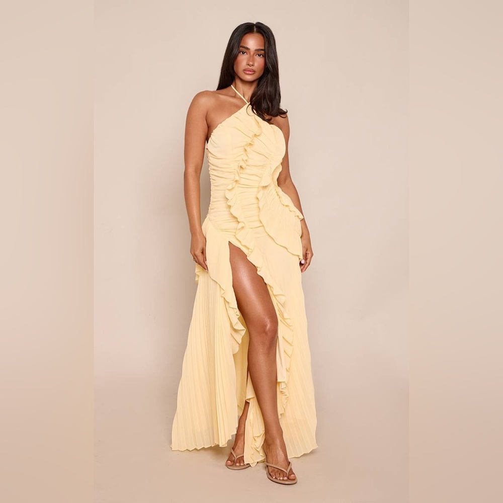 PrettyLittleThing Pale Yellow Ruffle One-Shoulder Maxi Dress